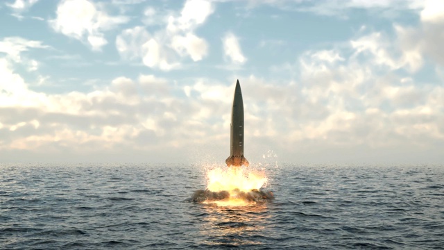 从水下潜水艇上发射导弹。详细的现实动画与动态消防排气，烟雾和喷雾。视频下载