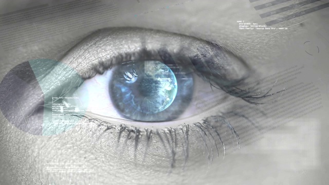 蓝眼睛睁开，瞳孔里的地球在转动。图形、圆形和条形图的过滤视频下载