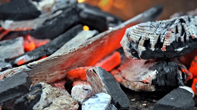 在野餐时烧烤时燃烧的木炭视频素材