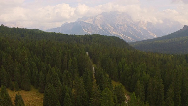 WS鸟瞰图森林树冠和雄伟的山脉景观，白云石，意大利视频下载