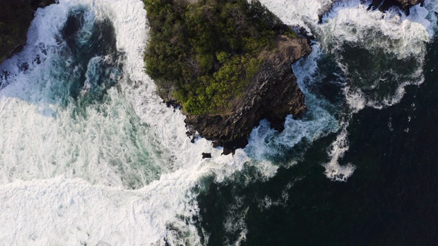 无人机航拍绿色海岸与沙滩与悬崖和棕榈树视频素材