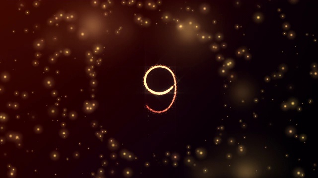 发光粒子塑造数字9与球开放和红色发光背景在3D和淡出视频素材