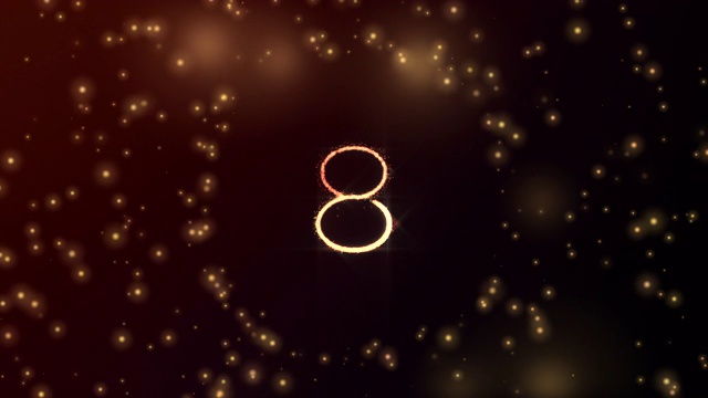 发光粒子塑造数字8与球开放和红色发光背景在3D和淡出视频素材