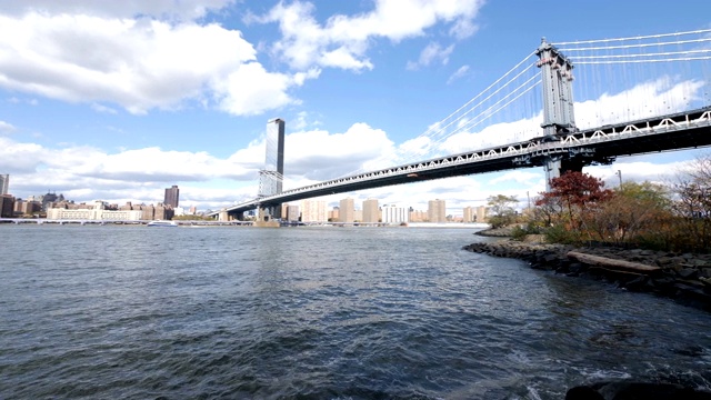 从布鲁克林大桥公园可以看到纽约市的天际线视频素材