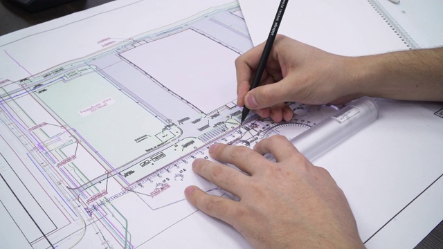 特写工程师在桌子上绘制设备图纸视频素材
