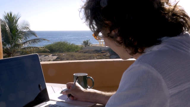 企业家喝着咖啡，在家里办公，用笔记本电脑写作和工作视频素材