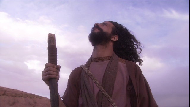 一个大胡子男人在沙漠中仰望天空。视频下载