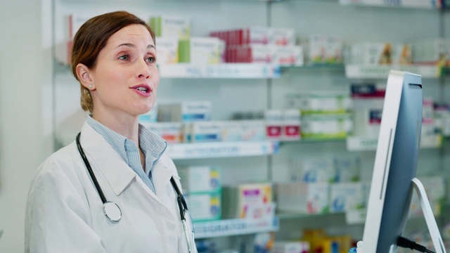 在药店里，年轻女性药剂师将处方药物交给病人的慢动作视频素材