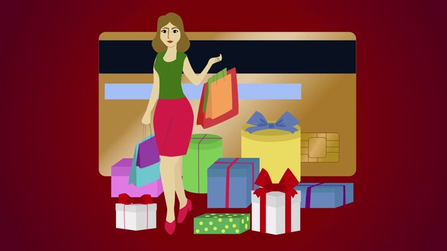 2D动画，红色背景上出现信用卡和购物袋的白人妇女，礼盒周围的人。女孩眨着眼睛，微笑着。在线支付，无线技术。视频素材