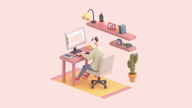 一个年轻人坐在办公桌前用电脑工作的3d无缝动画。视频下载