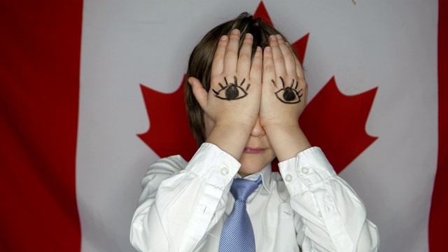 加拿大国旗背景上一个小男孩的眼睛视频素材