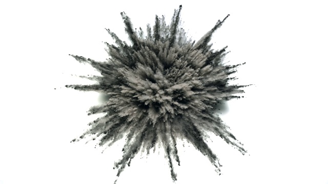 木炭灰色的粉末在特写镜头和超级慢动作，白色背景中向相机爆炸视频下载