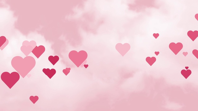 心的背景。动画情人节贺卡，3月8日，妇女节。飞行的心动画在粉红色的背景与白云。粉红色的天空和心形。视频素材