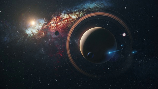 土星在外太空对抗恒星和银河系视频素材