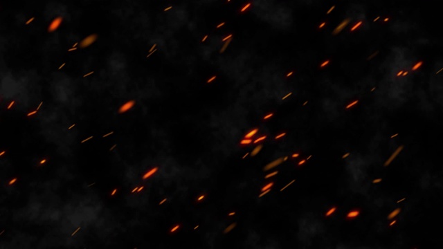 现实燃烧的热火花从夜空中升起的大火。抽象孤立的火焰发光粒子在黑色背景。火火花动画。移动侧，4k超高清3840x2160视频素材