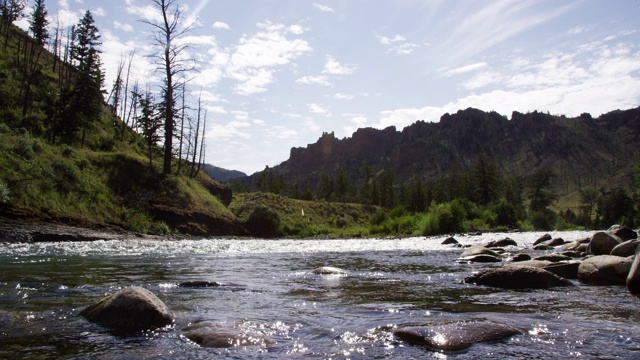 水沿着北福克肖肖尼河在科迪，怀俄明州与落基山脉在一个阳光明媚的日子背景慢动作拍摄视频下载