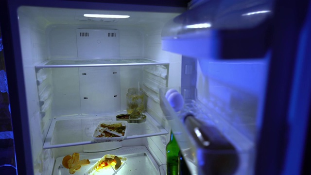 在冰箱里找食物的人。那家伙吃了冰箱里剩下的食物，拿了一瓶啤酒。视频下载