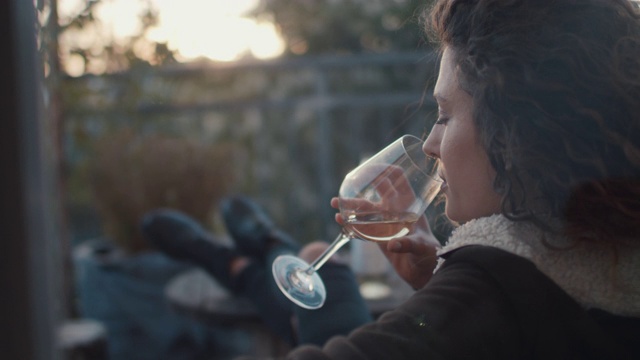 在柏林屋顶露台上喝白葡萄酒的女人视频下载