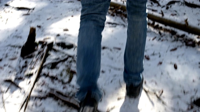 追踪摄像头低广角后视图的男性旅行者与一个背包行走在一条路径在一个针叶林在冬天。找到你的方式和旅行的概念。prores 422视频素材