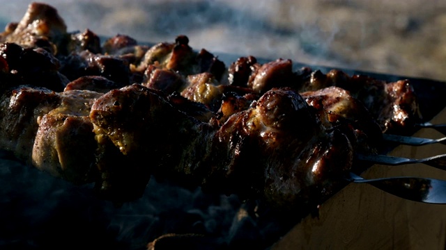 在一个阳光明媚的日子里，美味的肉片串在烧烤室外油炸。多汁的烤肉盘视频素材