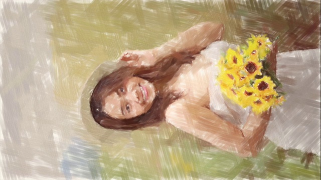 油画风格，面部表情由亚洲成熟女子在向日葵田，享受，幸福视频下载
