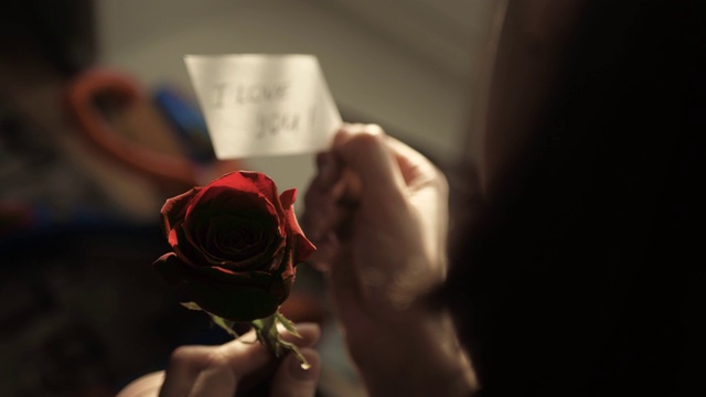 夕阳下，红玫瑰背景上，女性手中的“我爱你”散焦音符。摄像机从右向左移动。情人节，2月14日，生日，周年纪念日，第一次约会的概念视频购买