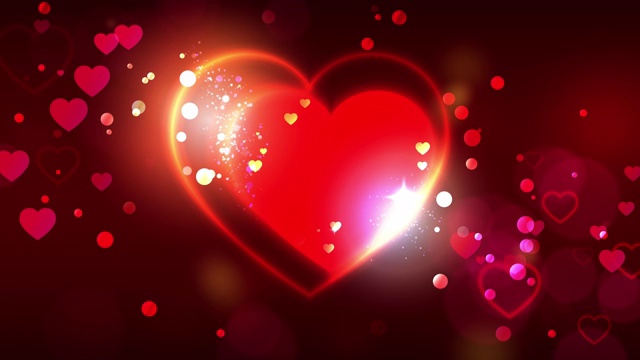 情人节动画背景。动画贺卡祝你情人节快乐。明亮的红色黄金心形在黑暗的散景背景。红色和金色颗粒。4 k的视频视频素材