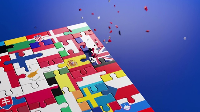 英国脱欧——英国于2020年退出欧盟。“英国脱欧”的概念是通过拼图来体现的。成员国代表与旗帜拼图。3 d渲染图形。视频素材