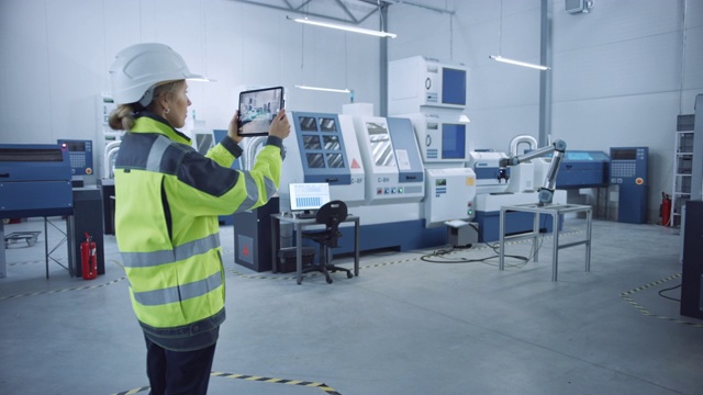 工业4.0现代工厂:女工程师使用数字平板电脑与增强现实可视化车间地图，地板布局。配备高科技数控机床和机械臂视频素材