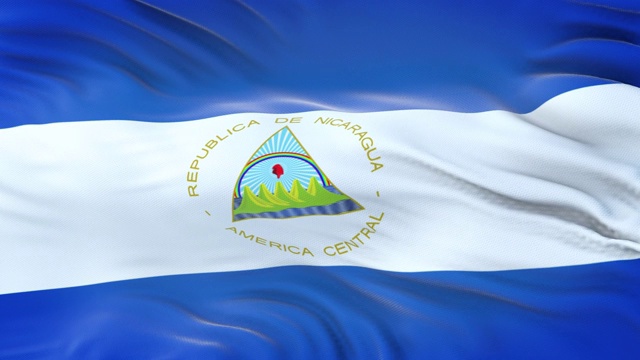 在风中飘扬的尼加拉瓜国旗与高度详细的织物质地。无缝循环视频下载