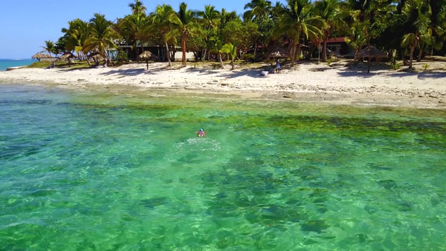 在斐济金银岛度假的年轻女子浮潜在浅滩附近的绿松石海洋。热带夏季晴朗的天空。视频下载
