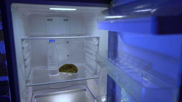 有人在冰箱里找食物。空冰箱里的面包和牛奶。视频下载
