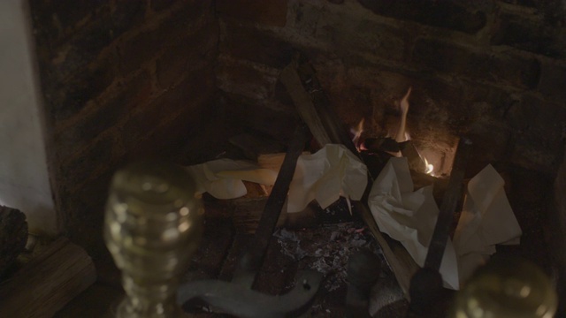 壁炉和一个男人往火里扔信件的中景视频下载