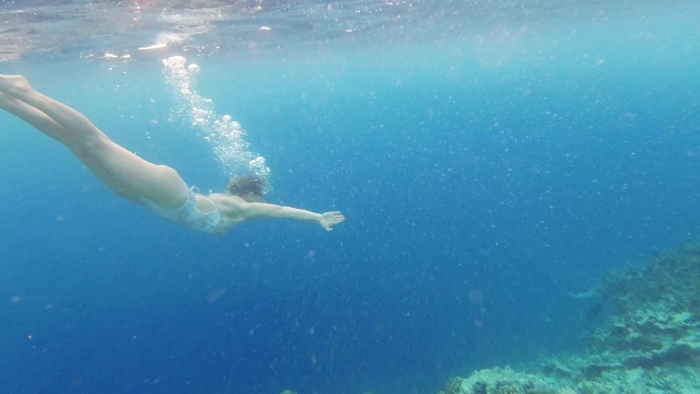 女人浮潜在一个热带岛屿的珊瑚礁上视频素材