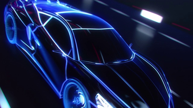 3D汽车模型:跑车在高速行驶的详细剪影，赛车通过隧道进入光。用蓝色线条制成的蓝色超级跑车在高速公路上快速行驶。视效特殊效果视频素材