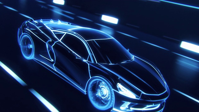 3D汽车模型:跑车在高速行驶的详细剪影，赛车通过隧道进入光。用蓝色线条制成的蓝色超级跑车在高速公路上快速行驶。视效特殊效果视频素材
