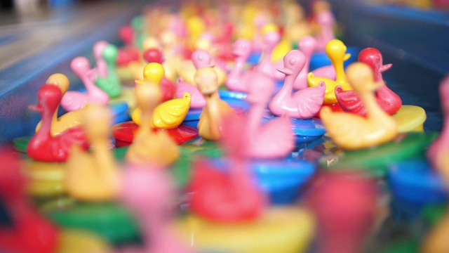 五彩缤纷的塑料鸭子漂浮在水上，带着幸运的游戏视频下载