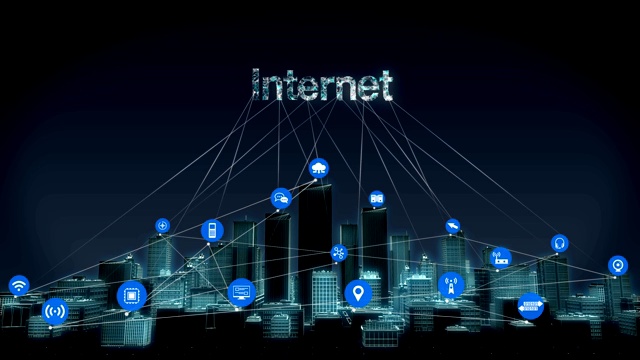 前进，智慧城市，智慧建筑，各种物联网传感器图标连接“互联网”。4 k。视频下载