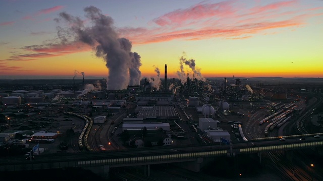 高空俯瞰黄昏时炼油厂上空升起的浓烟视频素材