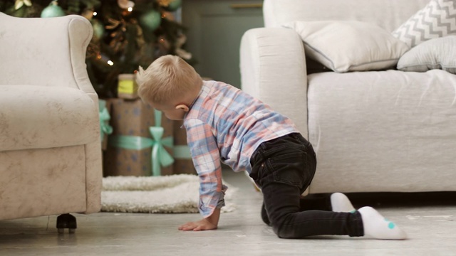 一个快乐的男孩跪在地上爬行。视频素材