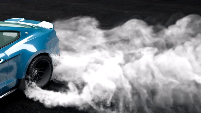 在柏油路上漂移的跑车。轮胎燃烧产生的浓烟。循环3 d动画。视频素材
