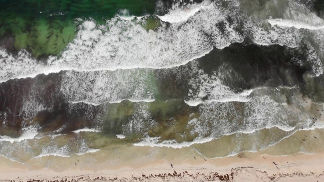 4K无人机镜头俯视图海浪发泡和溅在加勒比海和海滩坎昆，墨西哥。视频素材