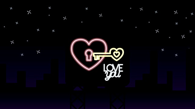 情人节霓虹灯标签动画与心和钥匙视频下载