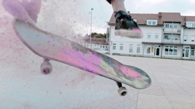 一名年轻人在城市广场上用粉末翻转滑板视频下载