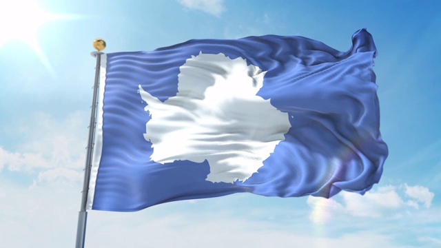 在深蓝色的天空中飘扬的南极旗。国家主题，国际理念。3D渲染无缝循环4K视频素材