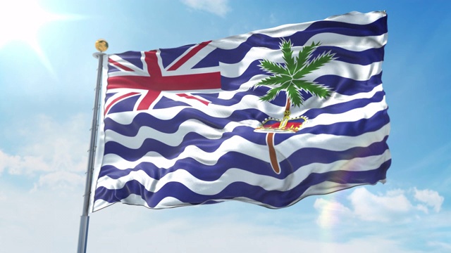 在深蓝色天空中迎风飘扬的英属印度洋领土旗帜。国家主题，国际理念。3D渲染无缝循环4K视频素材