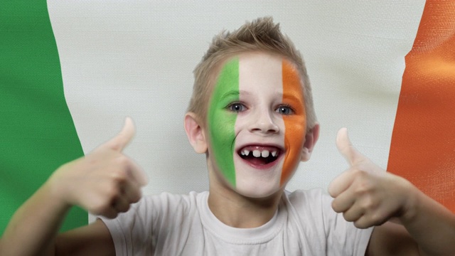 爱尔兰国旗背景上的快乐的扇子。快乐的男孩，脸上涂着民族色彩。视频下载