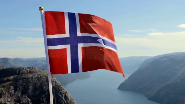 挪威国旗。挪威美丽的自然景观。视频下载