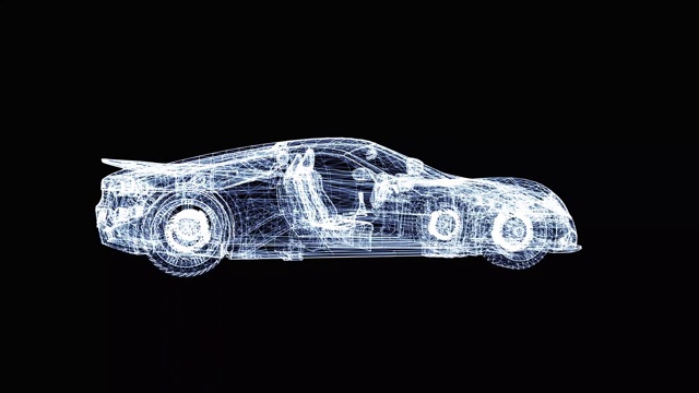 3D动画，白色汽车全息图在黑色背景上旋转。汽车内饰插图。移动影像、汽车工业、车辆结构。视频素材
