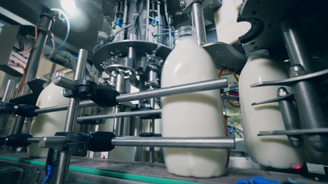 塑料瓶和牛奶在工厂的生产线上移动。生产和包装食品饮料的自动化设备。视频素材